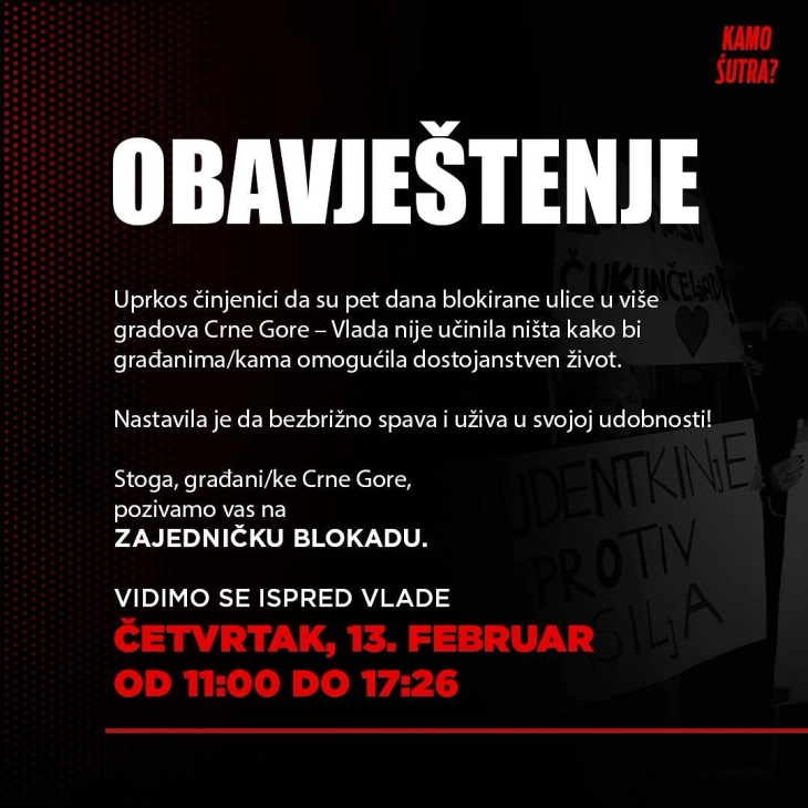 Pozivaju građane na višesatnu blokadu u četvrtak ispred Vlade