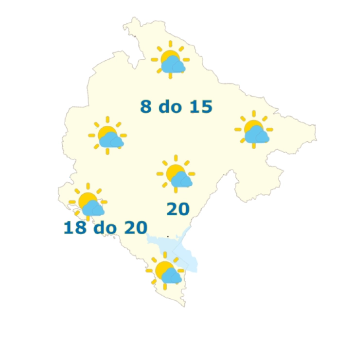 Sjutra do 20 stepeni, na sjeveru tokom noći moguće slabe padavine