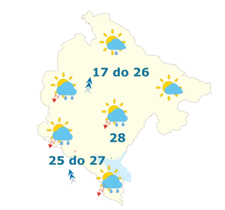 Sjutra oblačno sa dužim sunčanim intervalima, krajem dana kiša, pljuskovi i grmljavina